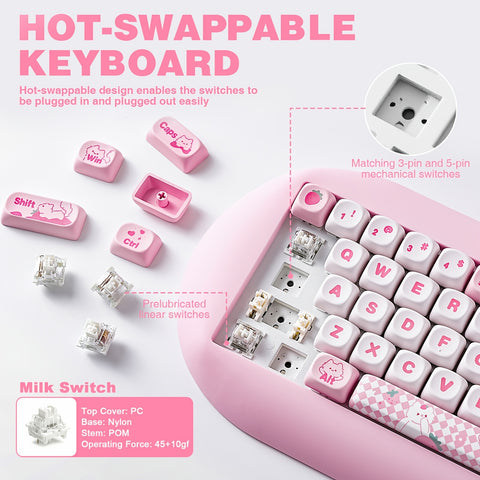 YUNZII 65% Wireless Mechanical Gaming Keyboard, Pink Hot Swap BT5.0/2.4G/Wired, RGB Backlit NKRO, Cute Cat Silicone Ergonomic Keyboard for Win/Mac, C68, New Year Gift