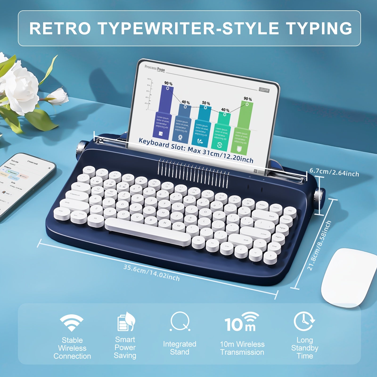 1pc YUNZII Retro Wireless BT Aesthetic Keyboard, Ergonomic Round Key Design, Multi-Device Connectivity, Hotkeys & Media Keys, with Adjustable Stand, Non-Rechargeable AAA Battery, for 36V Max Operating Voltage