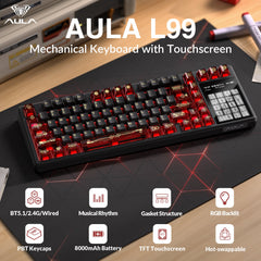 AULA L99 Keyboard — 3.98 inch IPS smart touchscreen closeup, Dark Gray + Light Gray + Yellow