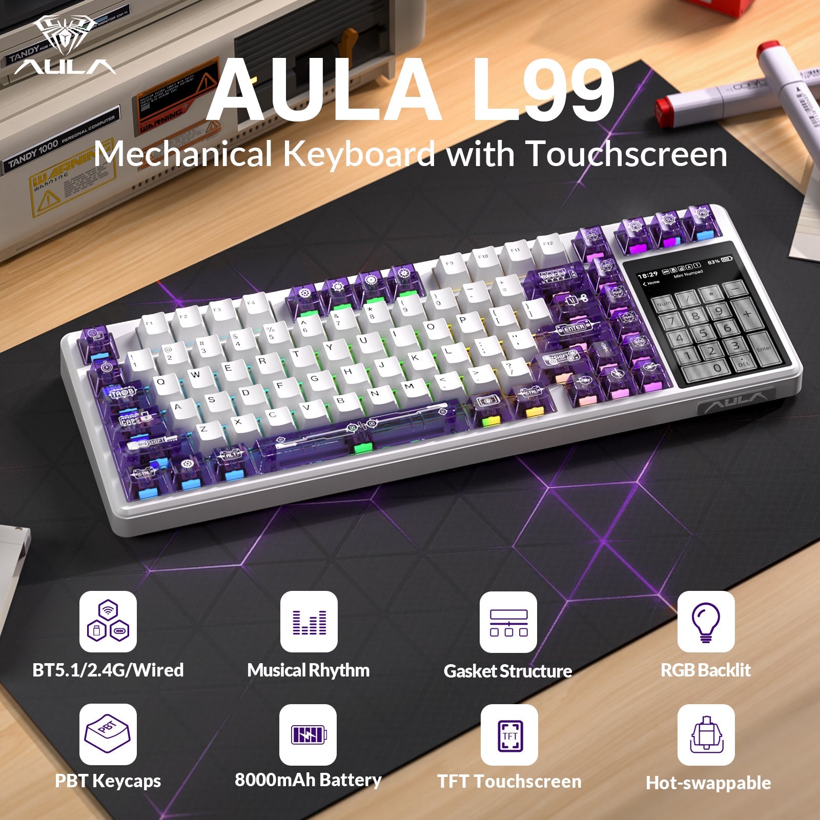 AULA L99 Keyboard — IPS smart touchscreen closeup, Dark Gray + White + Blue colorway