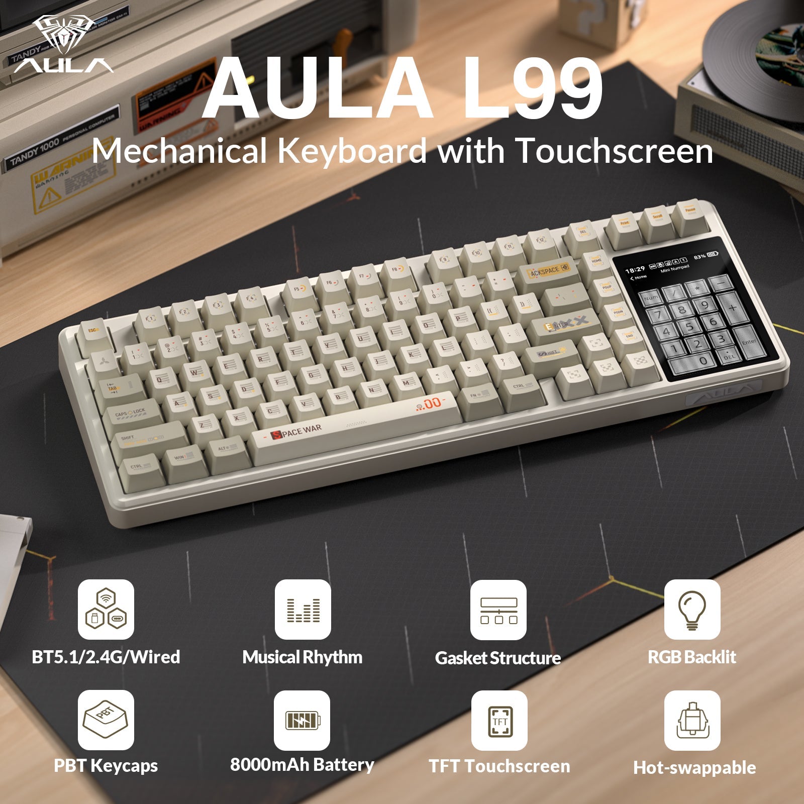 AULA L99 Keyboard — IPS smart touchscreen closeup, Creamy Coffee colorway