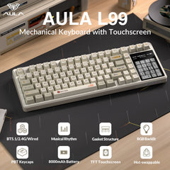 AULA L99 Keyboard — IPS smart touchscreen closeup, Creamy Coffee colorway