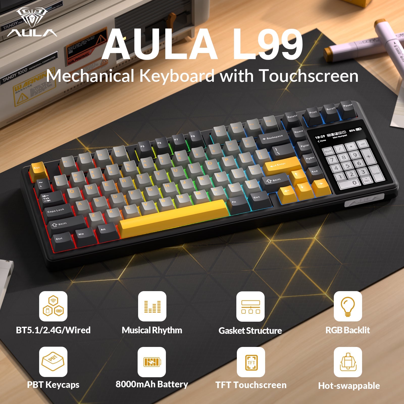 AULA L99 Keyboard — IPS smart touchscreen closeup, Translucent Purple + White colorway