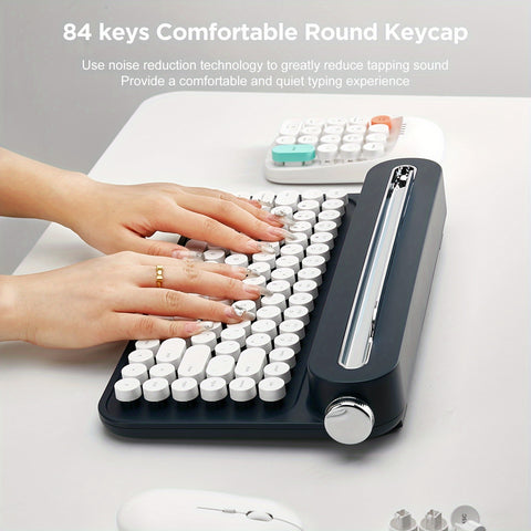 YUNZII ACTTO B303/B305 Wireless Vintage Typewriter Keyboard, 75% Layout Retro Aesthetic Keyboard, 84 Keys BT Keyboard with Integrated Stand for Multi-Device, Membrane Keyboard with Cute Round Keycaps for Win/Mac/iOS/Android