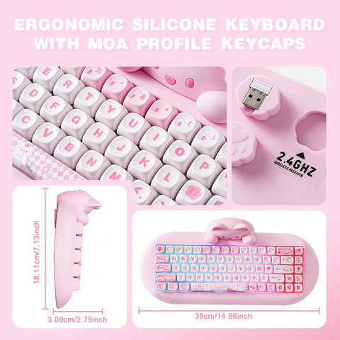 YUNZII 65% Wireless Mechanical Gaming Keyboard, Pink Hot Swap BT5.0/2.4G/Wired, RGB Backlit NKRO, Cute Cat Silicone Ergonomic Keyboard for Win/Mac, C68, New Year Gift