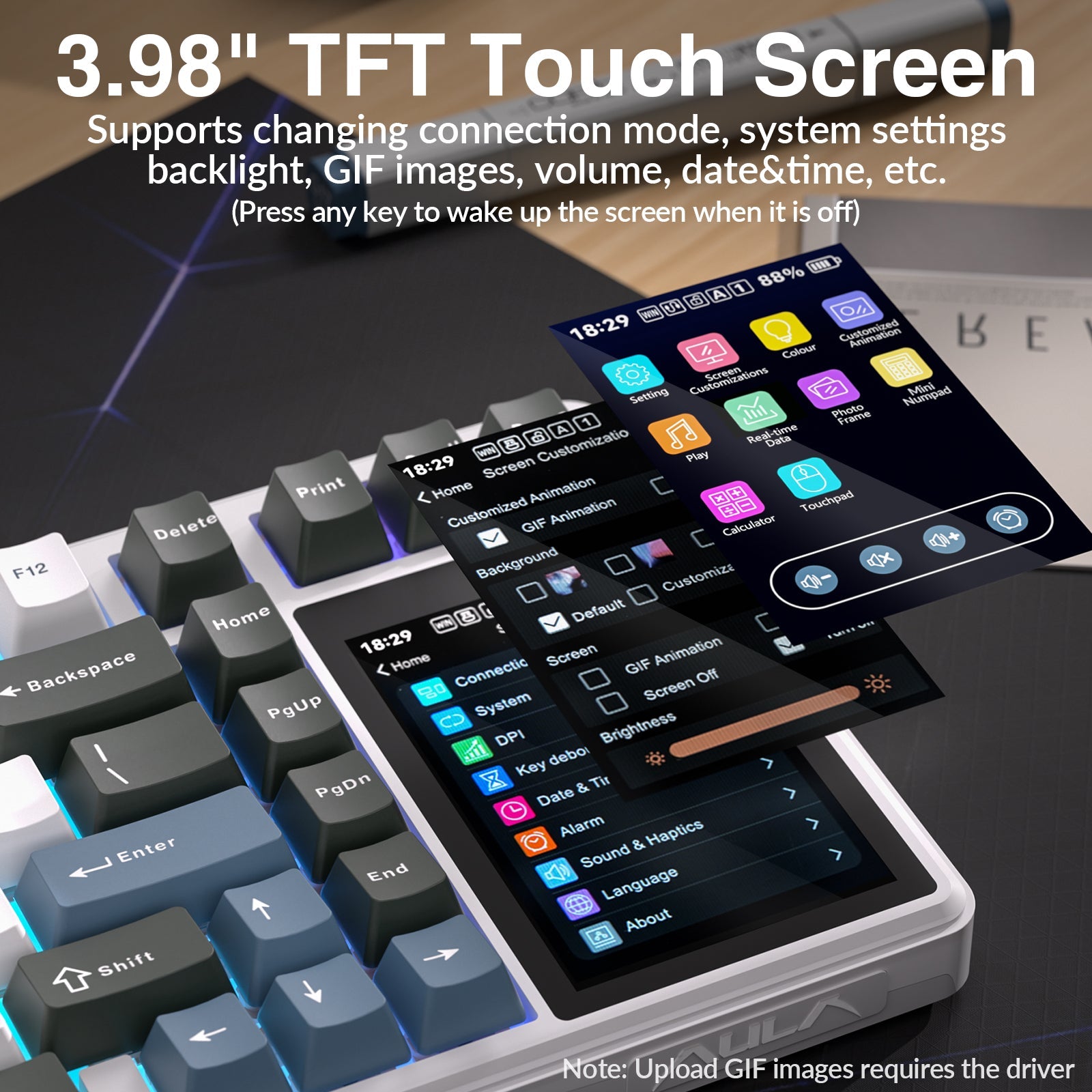 AULA L99 Keyboard — IPS smart touchscreen closeup, Translucent Red + Black colorway