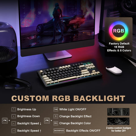 YUNZII YZ87 TKL Mechanical Gaming Keyboard - Compact 75% Design, Warm Swappable, RGB Backlit, 4-Layer Padding, Wireless 5.0/2.4Ghz/Type-C for PC, Mac, Linux