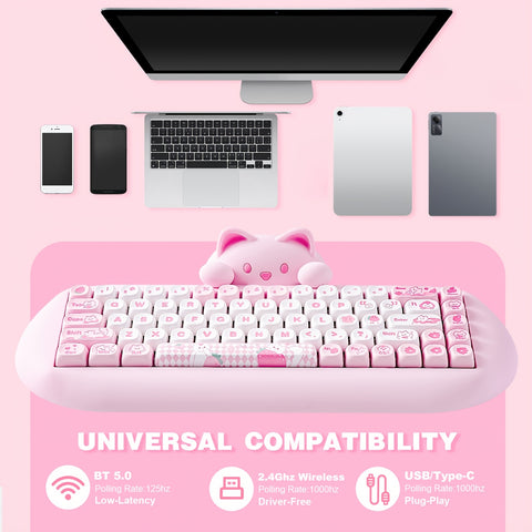 YUNZII 65% Wireless Mechanical Gaming Keyboard, Pink Hot Swap BT5.0/2.4G/Wired, RGB Backlit NKRO, Cute Cat Silicone Ergonomic Keyboard for Win/Mac, C68, New Year Gift