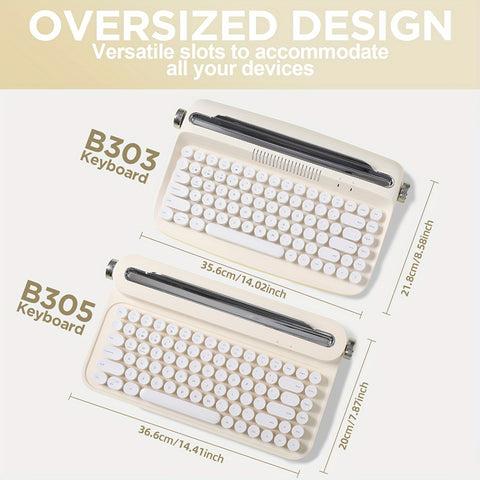 YUNZII ACTTO B303/B305 Wireless Vintage Typewriter Keyboard, 75% Layout Retro Aesthetic Keyboard, 84 Keys BT Keyboard with Integrated Stand for Multi-Device, Membrane Keyboard with Cute Round Keycaps for Win/Mac/iOS/Android