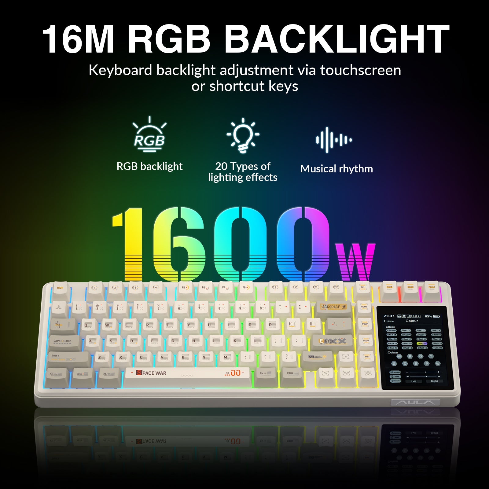 AULA L99 Keyboard — RGB backlit keys in low light, Creamy Coffee colorway
