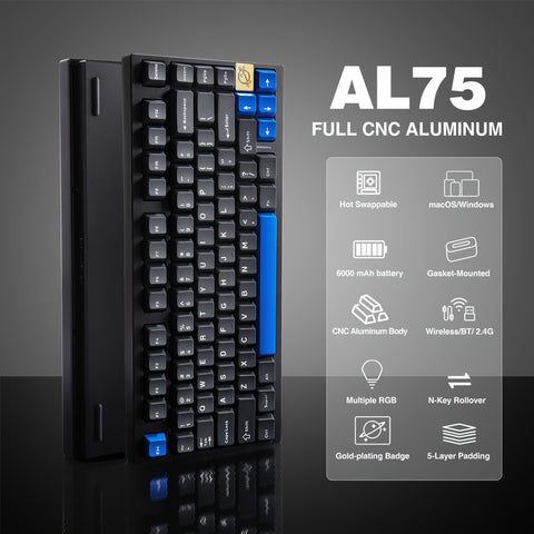 YUNZII AL75 Black 75% Aluminum Mechanical Gaming Keyboard - Wireless/Wired, Hot-Swappable Creamy Switches, RGB Backlit, Ergonomic TKL Design for Mac/Win