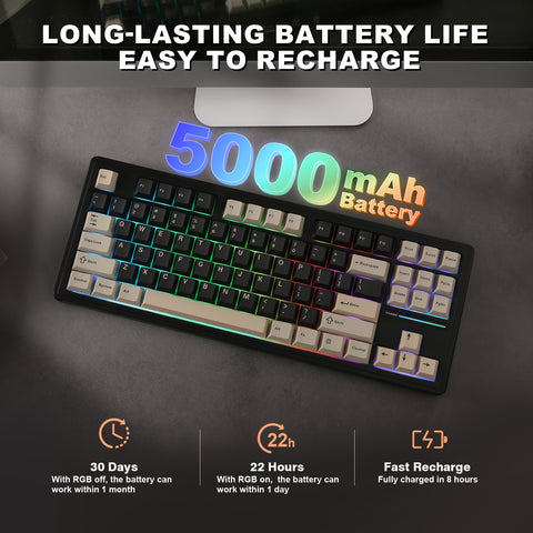 YUNZII YZ87 TKL Mechanical Gaming Keyboard - Compact 75% Design, Warm Swappable, RGB Backlit, 4-Layer Padding, Wireless 5.0/2.4Ghz/Type-C for PC, Mac, Linux