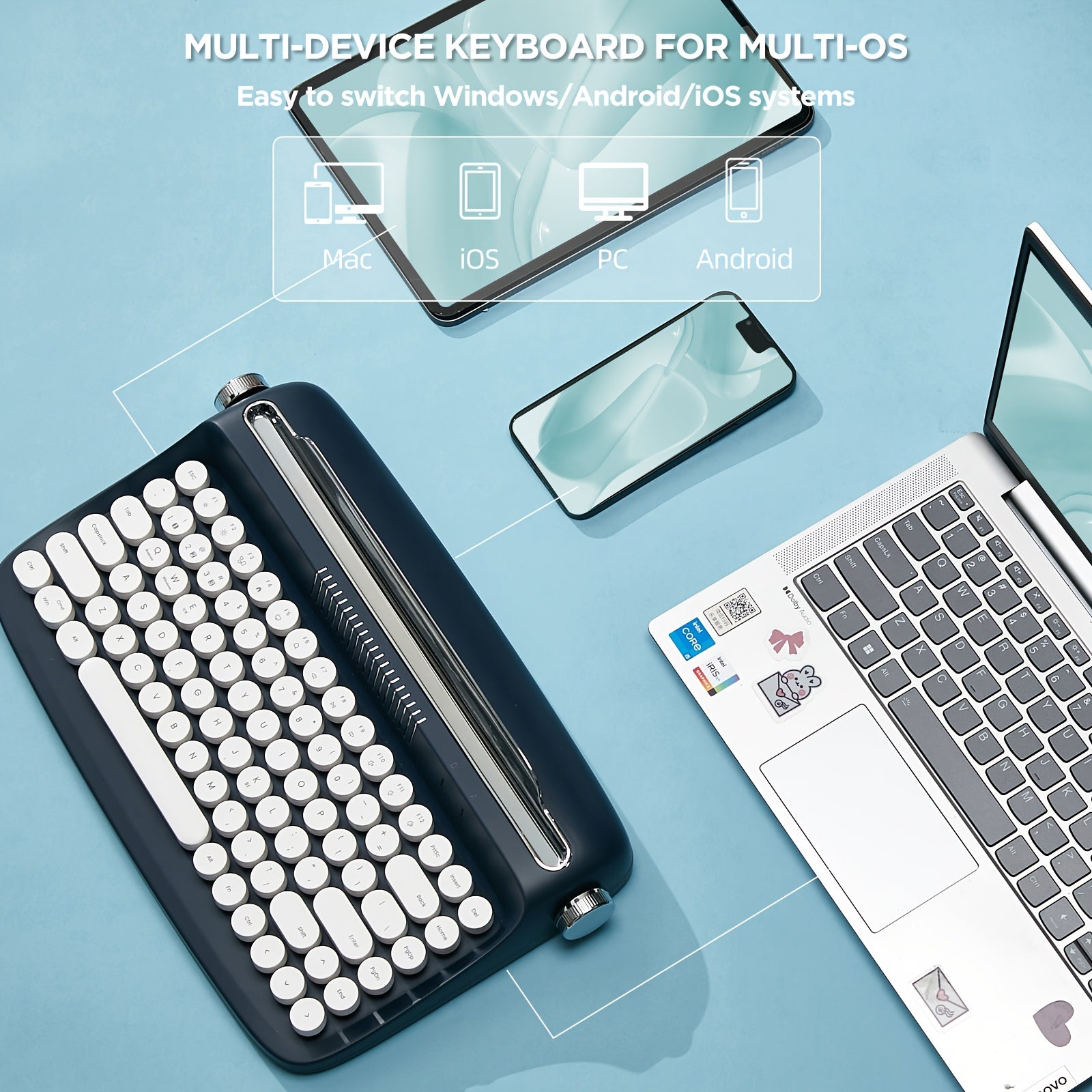 1pc YUNZII Retro Wireless BT Aesthetic Keyboard, Ergonomic Round Key Design, Multi-Device Connectivity, Hotkeys & Media Keys, with Adjustable Stand, Non-Rechargeable AAA Battery, for 36V Max Operating Voltage
