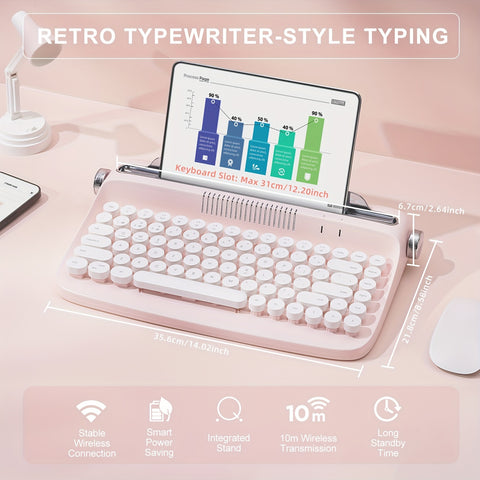 YUNZII ACTTO B303/B305 Wireless Vintage Typewriter Keyboard, 75% Layout Retro Aesthetic Keyboard, 84 Keys BT Keyboard with Integrated Stand for Multi-Device, Membrane Keyboard with Cute Round Keycaps for Win/Mac/iOS/Android