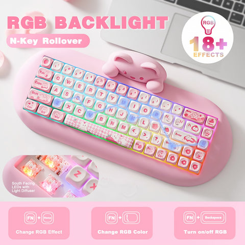 YUNZII 65% Wireless Mechanical Gaming Keyboard, Pink Hot Swap BT5.0/2.4G/Wired, RGB Backlit NKRO, Cute Cat Silicone Ergonomic Keyboard for Win/Mac, C68, New Year Gift