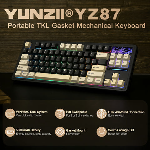 YUNZII YZ87 TKL Mechanical Gaming Keyboard - Compact 75% Design, Warm Swappable, RGB Backlit, 4-Layer Padding, Wireless 5.0/2.4Ghz/Type-C for PC, Mac, Linux