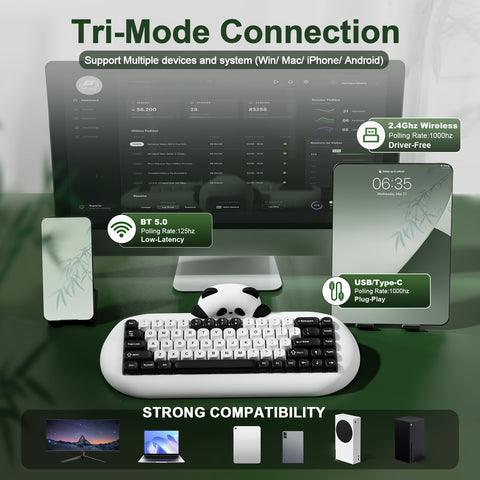 YUNZII C68 Panda Wireless Mechanical Gaming Keyboard - 68 Keys, RGB Backlit, Hot-Swappable with Wireless & Wired Connectivity for Windows/Mac