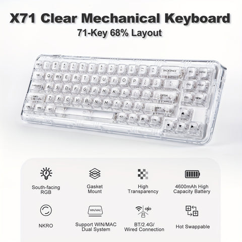 YUNZII X71 Mechanical Keyboard, 68% Layout 71 Keys, BT5.0/2.4G/USB-C Wired, Ergonomic, Backlit, Rechargeable, Hotkeys, Media Keys, Clear Keycaps, Gasket Mount, Wireless RGB, for Win/Mac, USB Cable & Keycap Puller Included