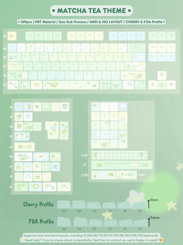 Cute Matcha Tea Theme Green Gradient Keycap Set