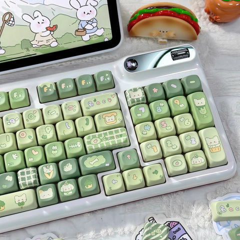 Cute Dog & Cat Green Matcha Gradient Keycap Set