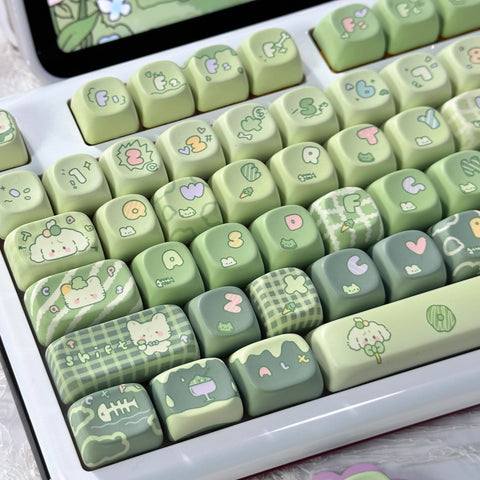 Cute Dog & Cat Green Matcha Gradient Keycap Set