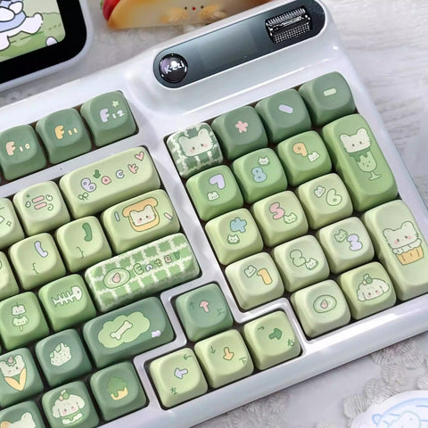 Cute Dog & Cat Green Matcha Gradient Keycap Set