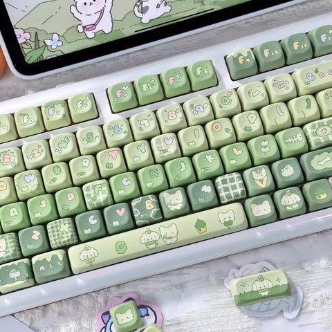 Cute Dog & Cat Green Matcha Gradient Keycap Set