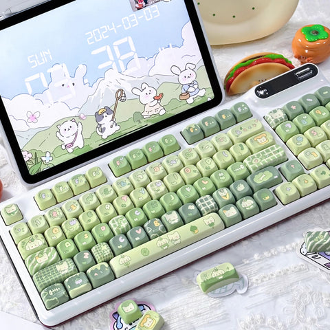 Cute Dog & Cat Green Matcha Gradient Keycap Set