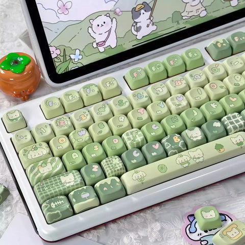 Cute Dog & Cat Green Matcha Gradient Keycap Set