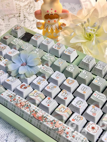Cute Matcha Green Floral Theme Keycap Set