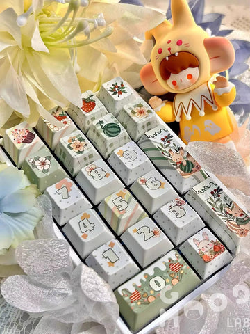 Cute Matcha Green Floral Theme Keycap Set