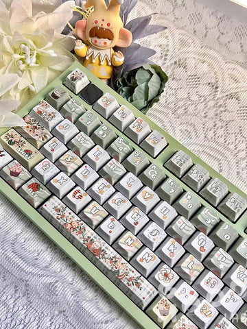 Cute Matcha Green Floral Theme Keycap Set