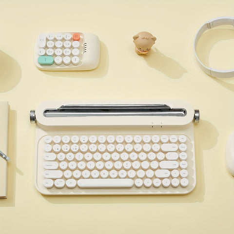 YUNZII ACTTO B303/B305 Wireless Vintage Typewriter Keyboard, 75% Layout Retro Aesthetic Keyboard, 84 Keys BT Keyboard with Integrated Stand for Multi-Device, Membrane Keyboard with Cute Round Keycaps for Win/Mac/iOS/Android