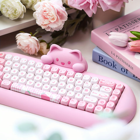YUNZII 65% Wireless Mechanical Gaming Keyboard, Pink Hot Swap BT5.0/2.4G/Wired, RGB Backlit NKRO, Cute Cat Silicone Ergonomic Keyboard for Win/Mac, C68, New Year Gift