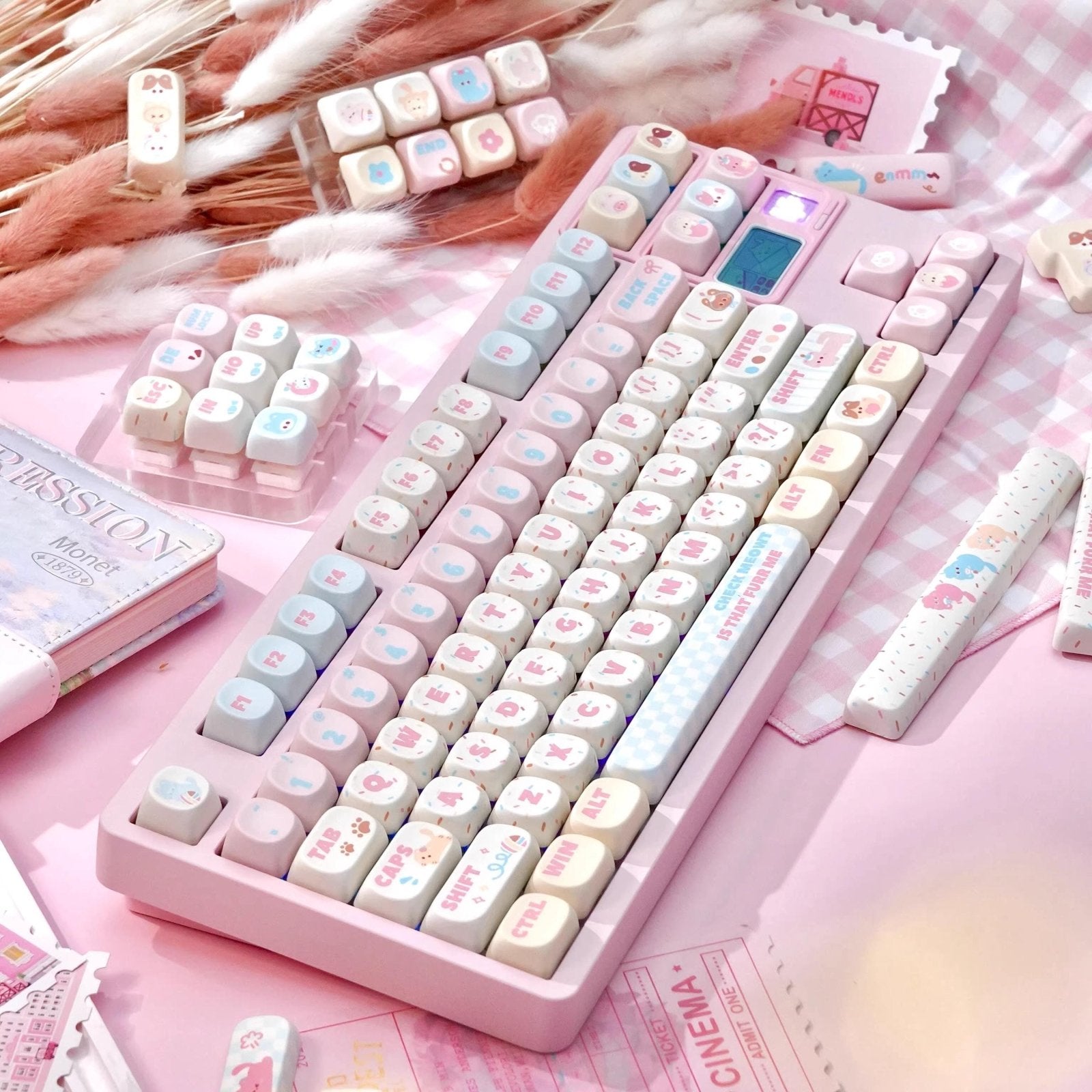 Cute Birthday Cat Theme Pink Keycap Set - KeyArtisan