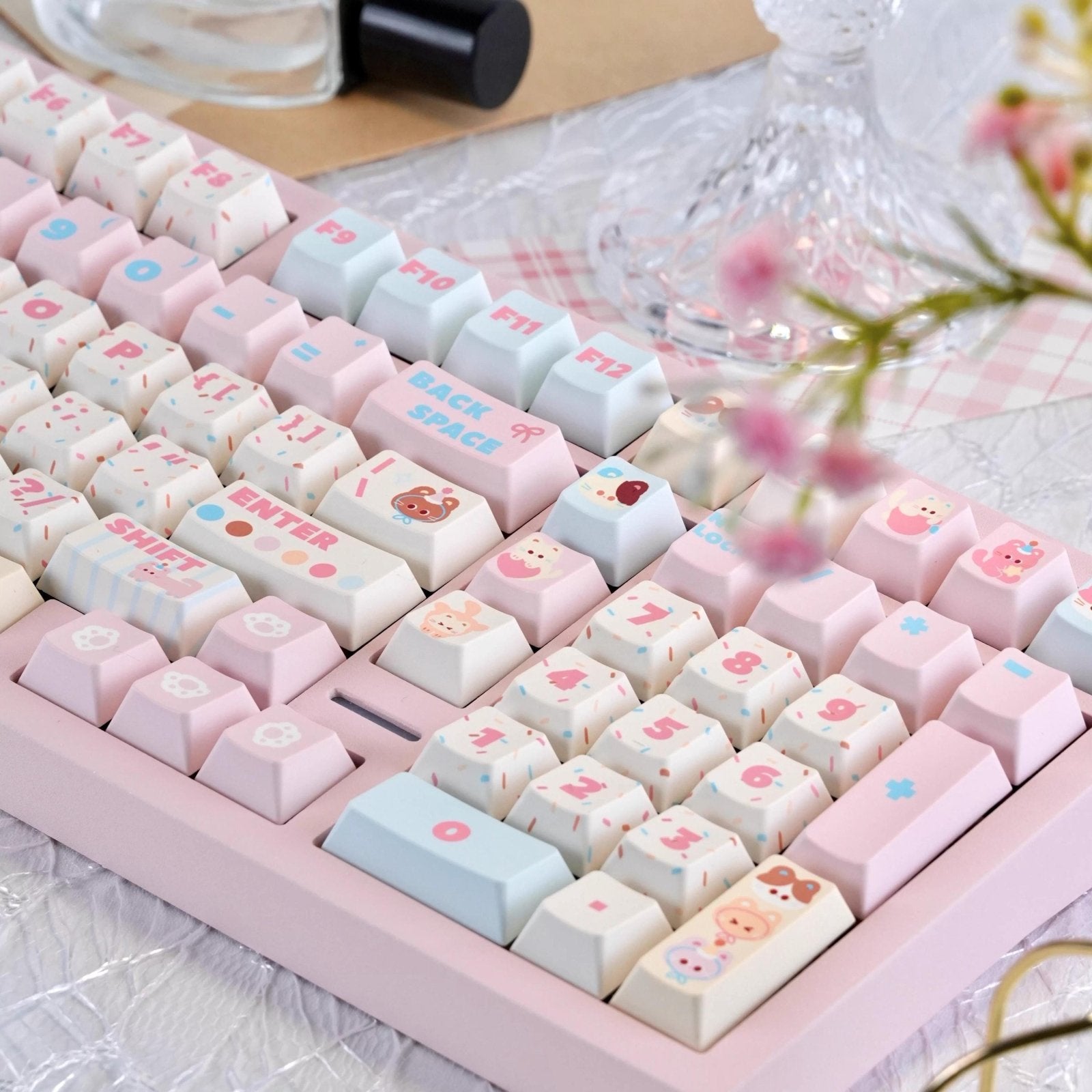 Cute Birthday Cat Theme Pink Keycap Set - KeyArtisan