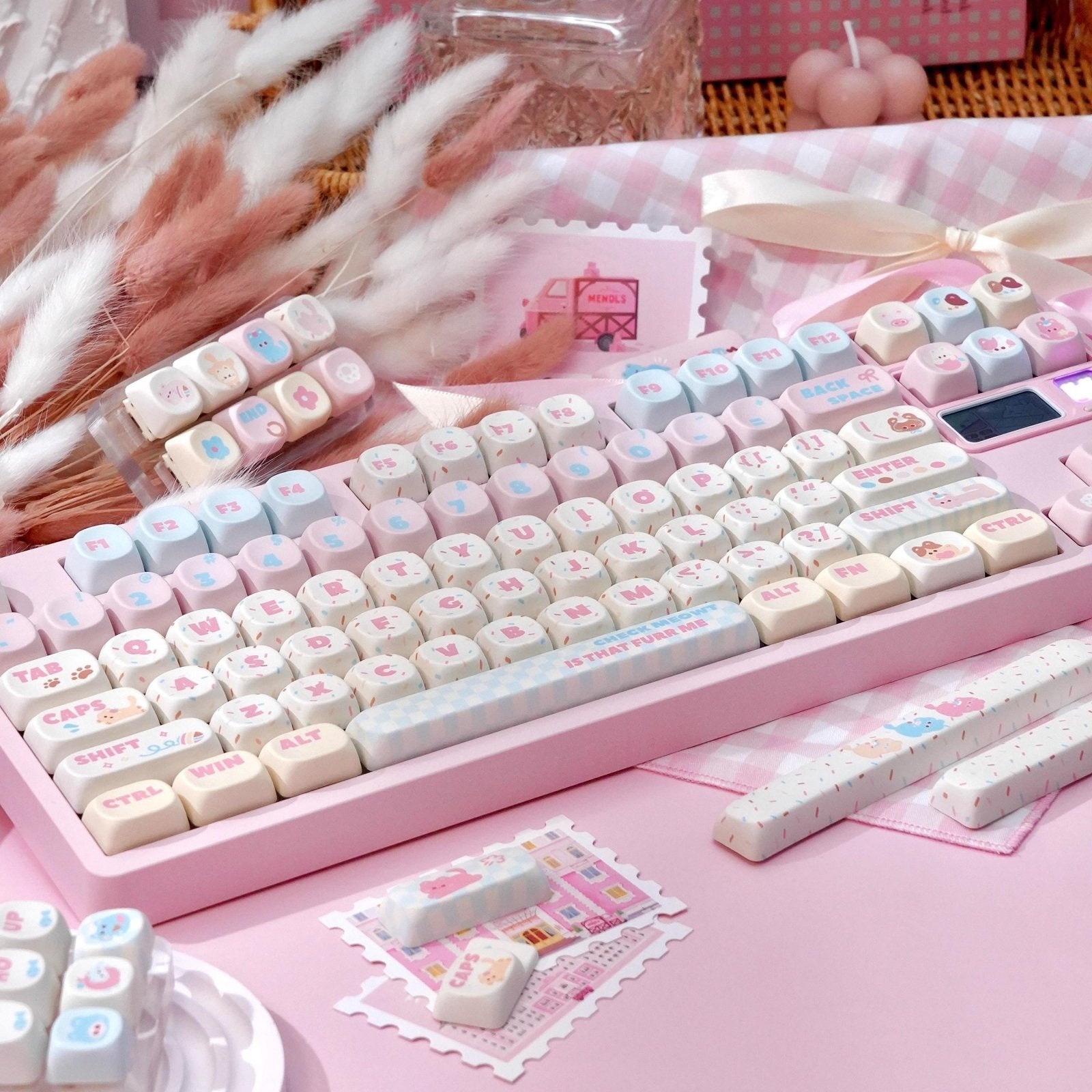 Cute Birthday Cat Theme Pink Keycap Set - KeyArtisan