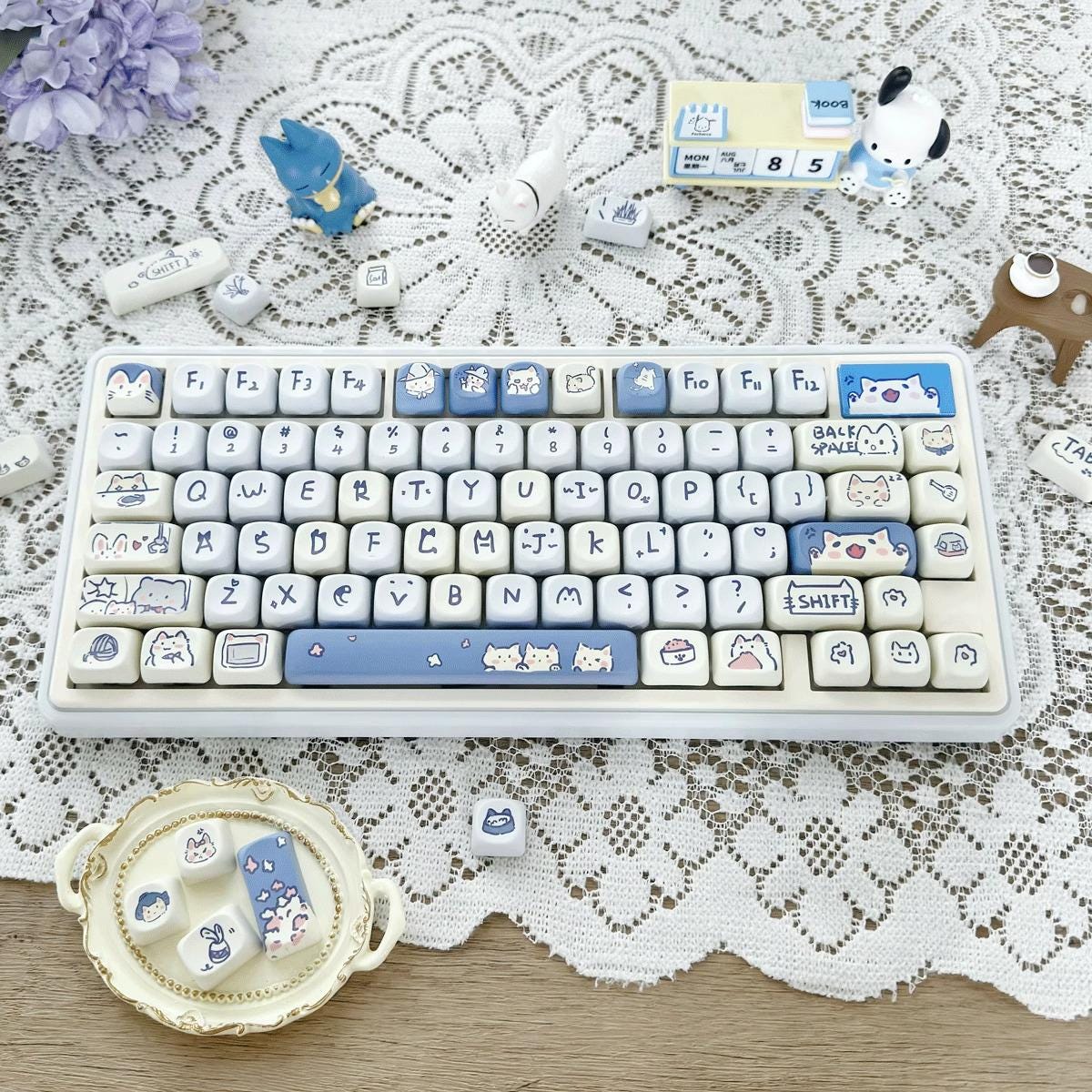 Cute Blue Cat Meow Theme Artisan Keycap Set - KeyArtisan