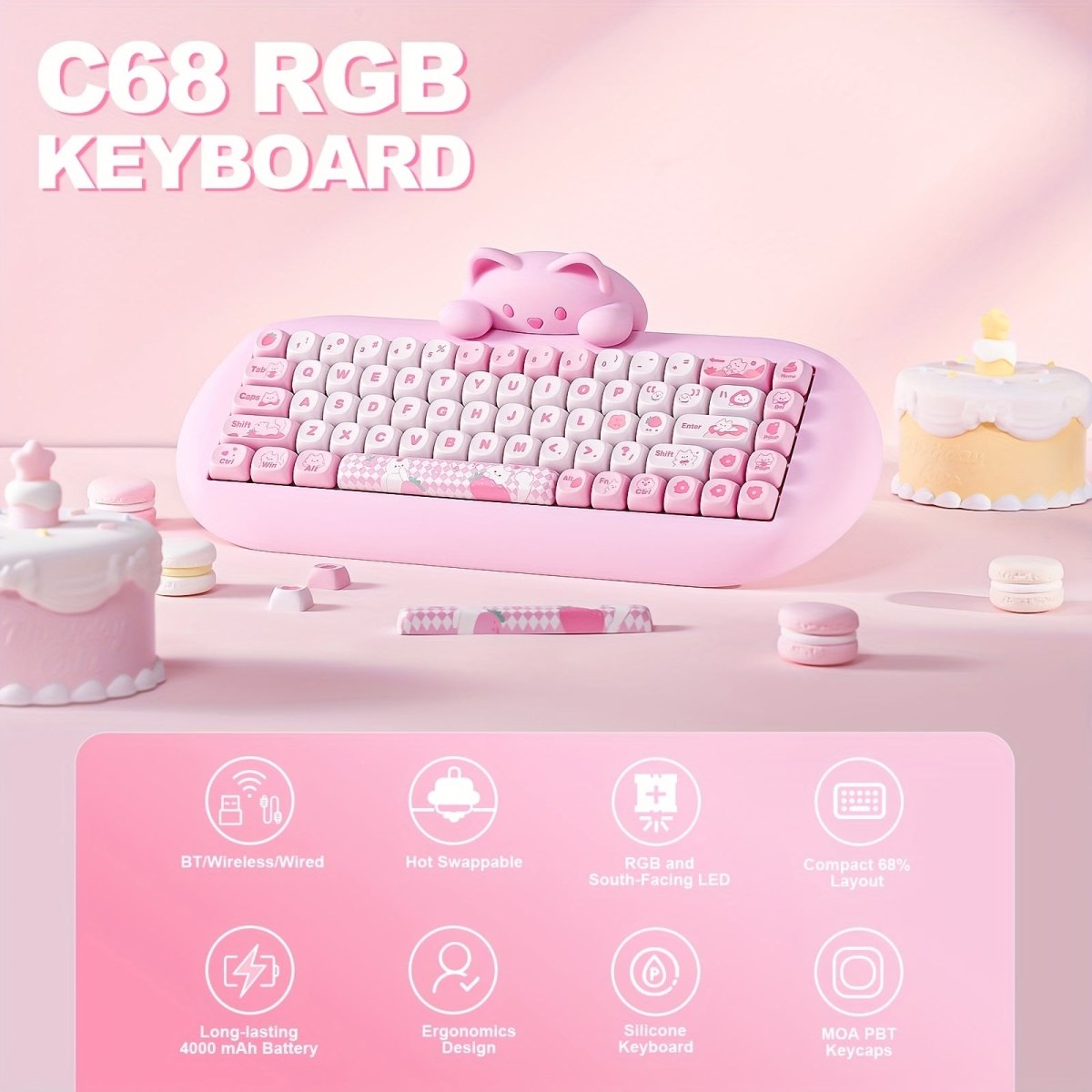 Cute Cat Theme 65% Mechanical Keyboard – YUNZII C68 - KeyArtisan