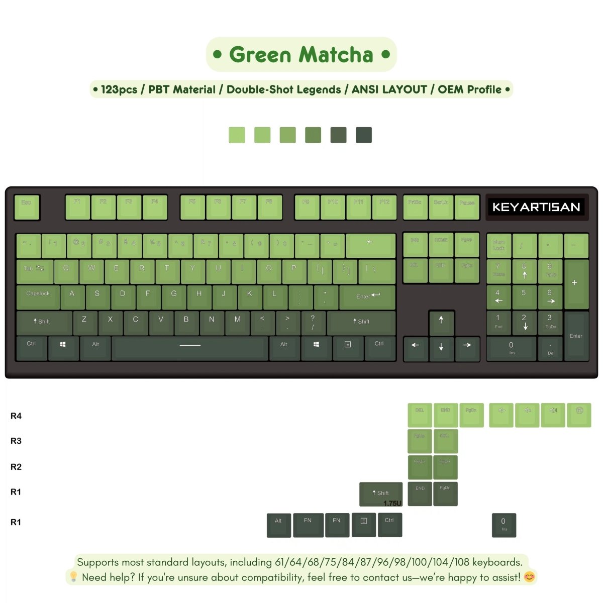 Cute Green Gradient Matcha Backlit Keycap Set - KeyArtisan