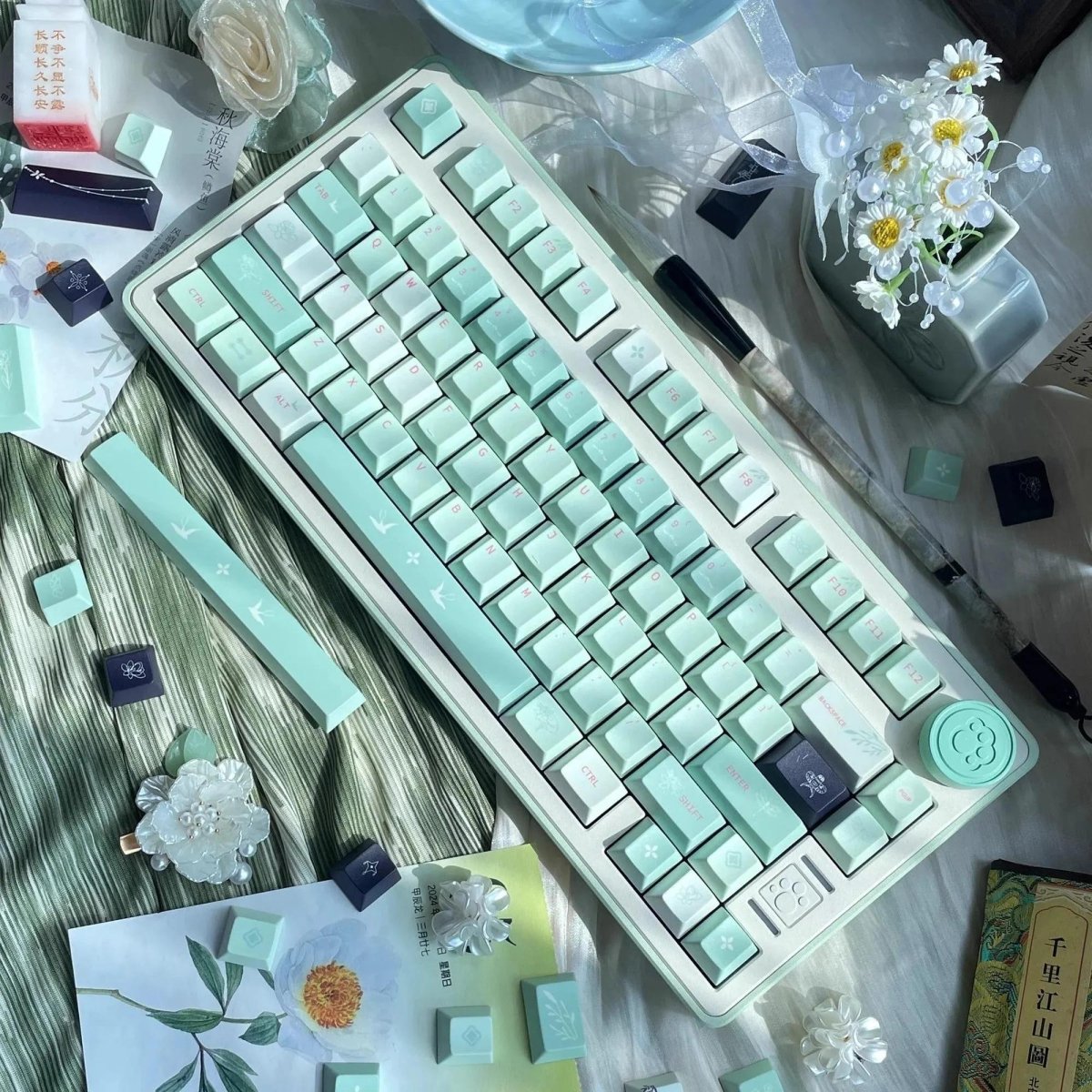 Cute Green Matcha Floral PBT Keycap Set - KeyArtisan