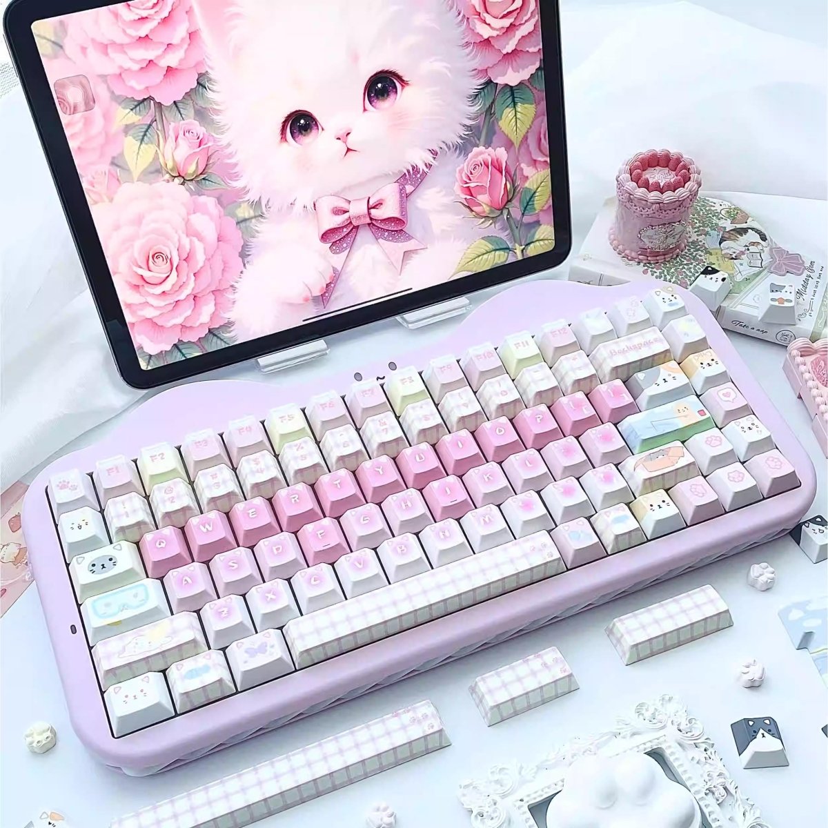 Cute Pink Cat Theme Kawaii Keycap Set - KeyArtisan