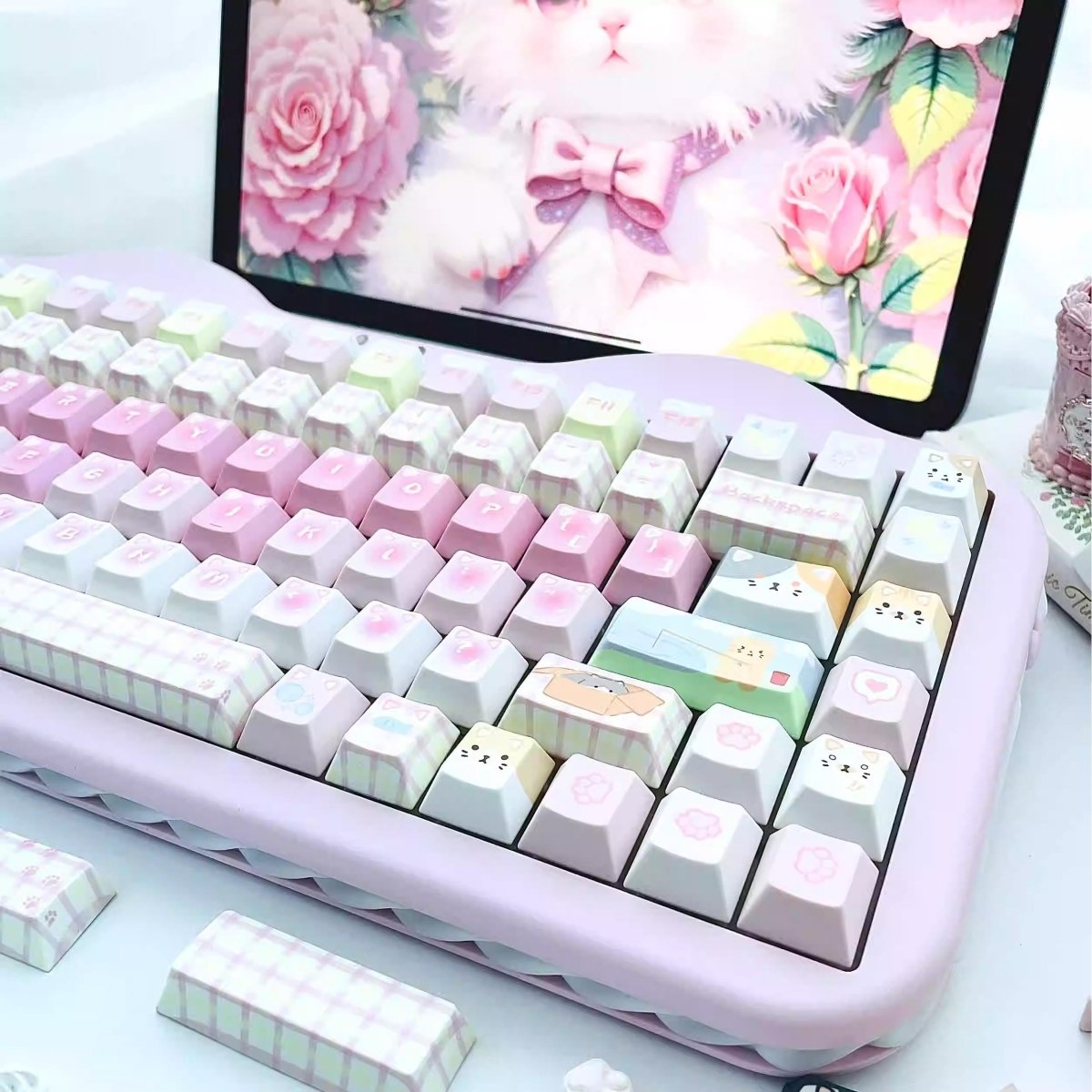 Cute Pink Cat Theme Kawaii Keycap Set - KeyArtisan