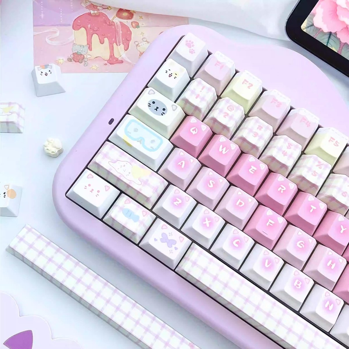 Cute Pink Cat Theme Kawaii Keycap Set - KeyArtisan