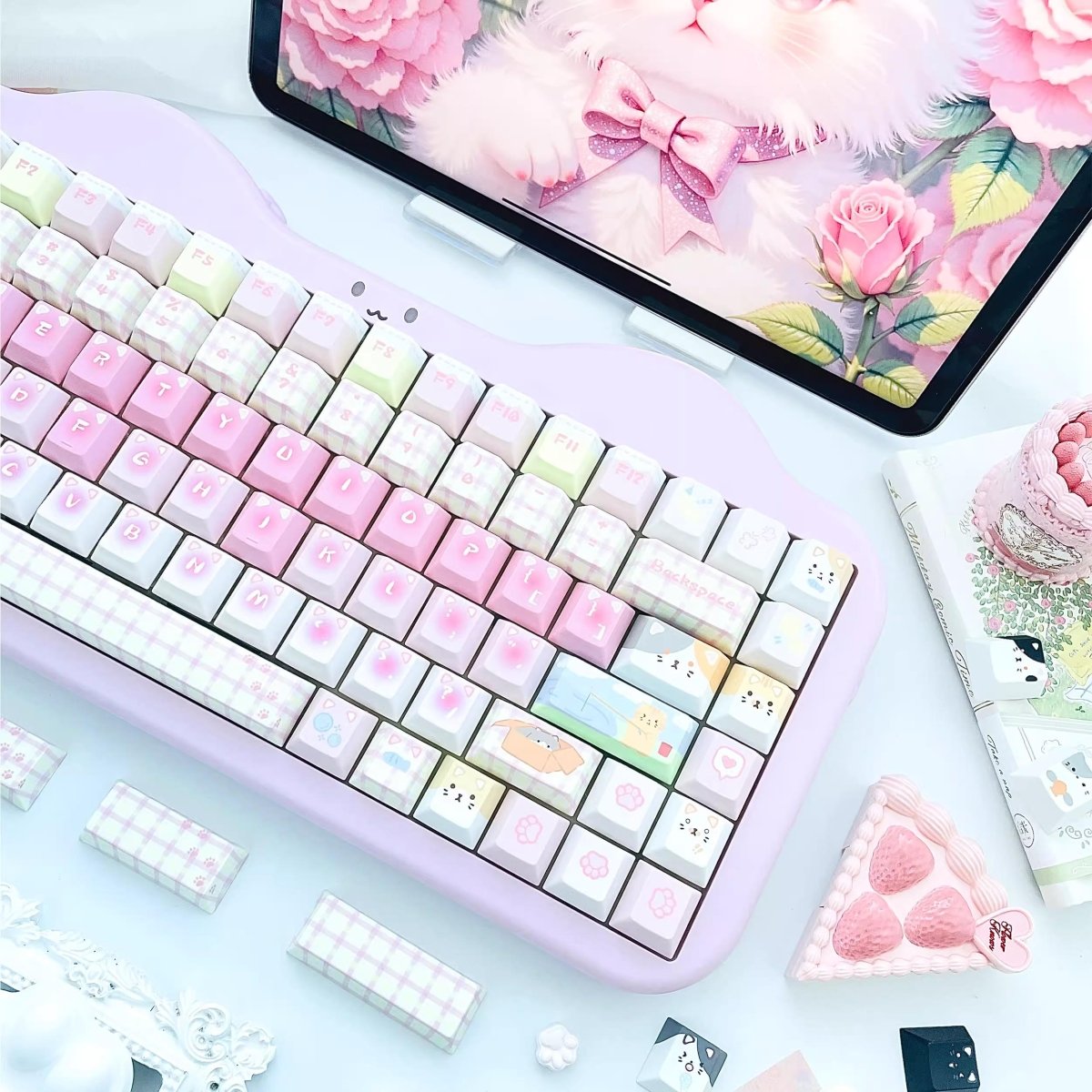 Cute Pink Cat Theme Kawaii Keycap Set - KeyArtisan