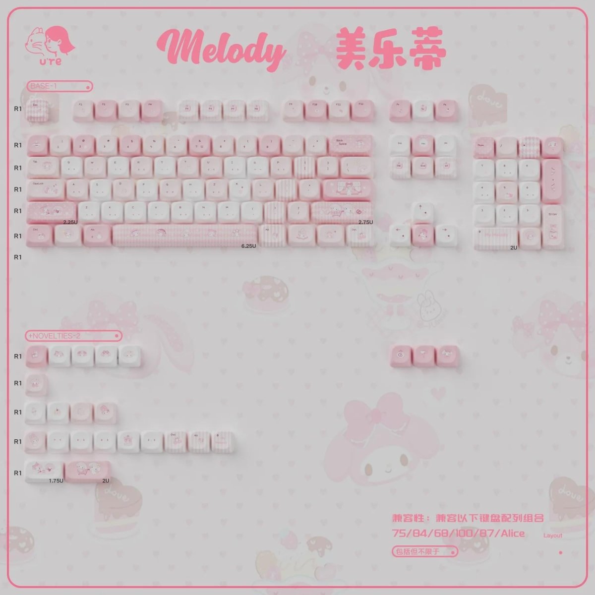 Cute Pink Melody Theme Pastel Keycap Set - KeyArtisan