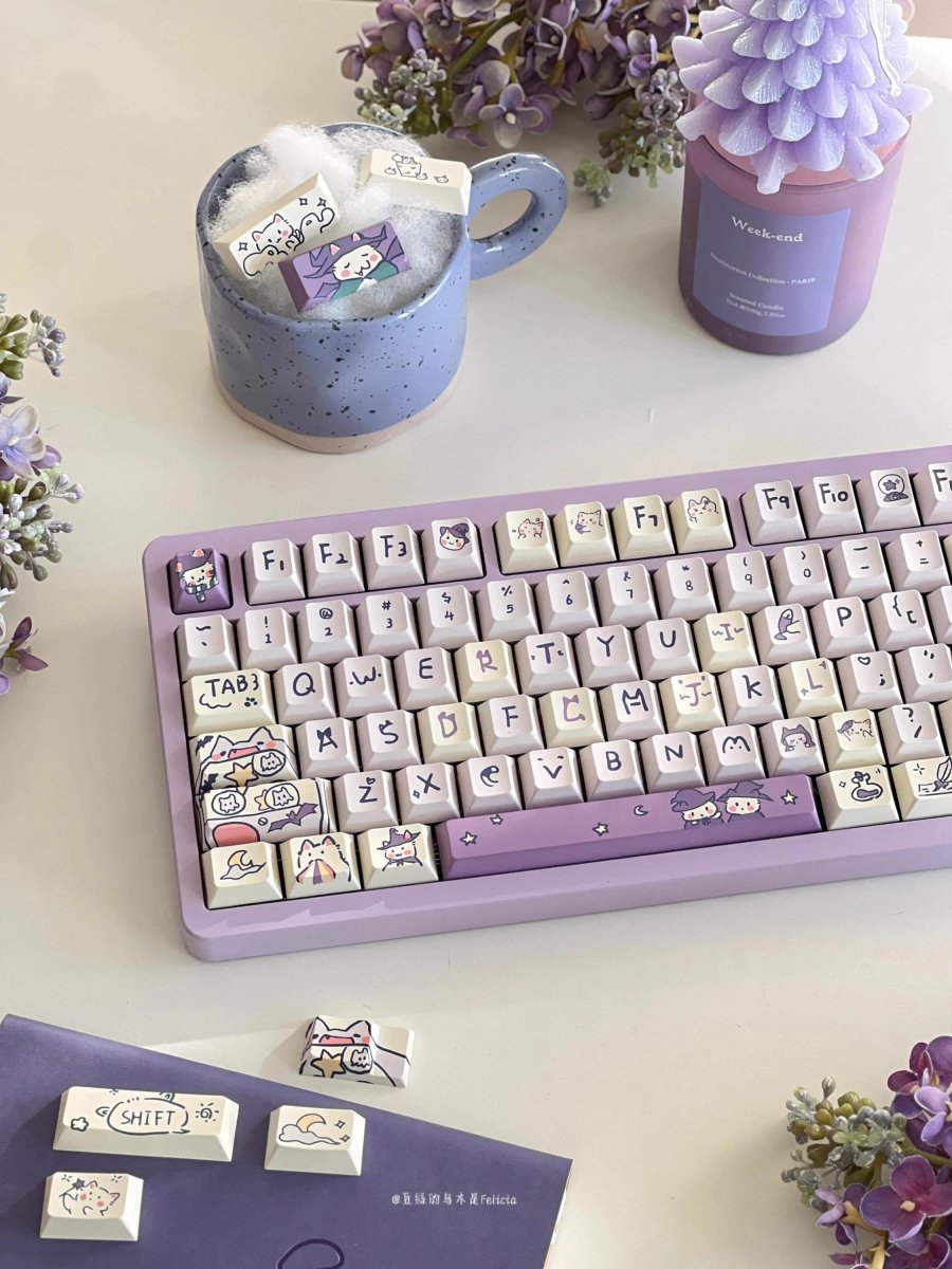 Cute Purple Wizard Magic Cat Theme Keycap Set - KeyArtisan