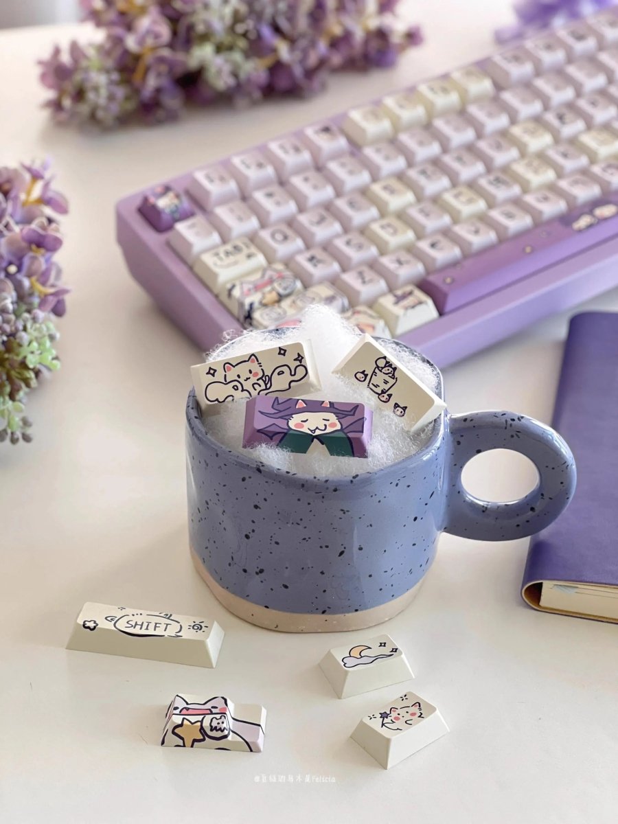 Cute Purple Wizard Magic Cat Theme Keycap Set - KeyArtisan
