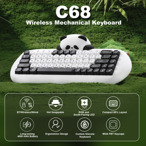 YUNZII C68 Panda Wireless Mechanical Gaming Keyboard - 68 Keys, RGB Backlit, Hot-Swappable with Wireless & Wired Connectivity for Windows/Mac