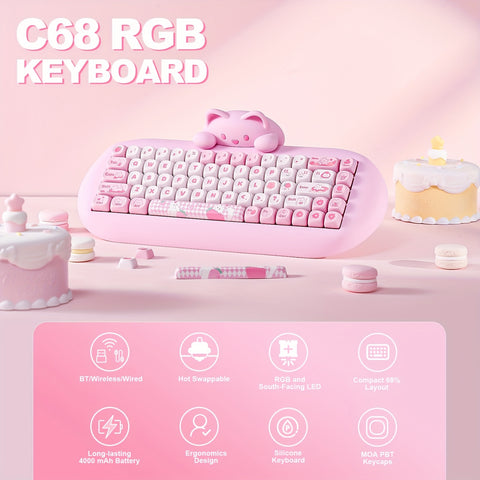 YUNZII 65% Wireless Mechanical Gaming Keyboard, Pink Hot Swap BT5.0/2.4G/Wired, RGB Backlit NKRO, Cute Cat Silicone Ergonomic Keyboard for Win/Mac, C68, New Year Gift